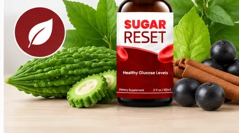 Bitter melon, dark berries and cinnamon arranged beside a bottle of Sugar Reset